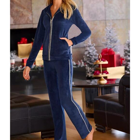 Boston Proper Blue Velour Tracksuit Jogger Women’s Size Medium Snowflake EUC - Picture 1 of 16